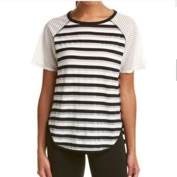 DEREK LAM x ATHLETA Black White Stripe Sheer Short Sleeve Workout Top Size Large - Picture 1 of 7